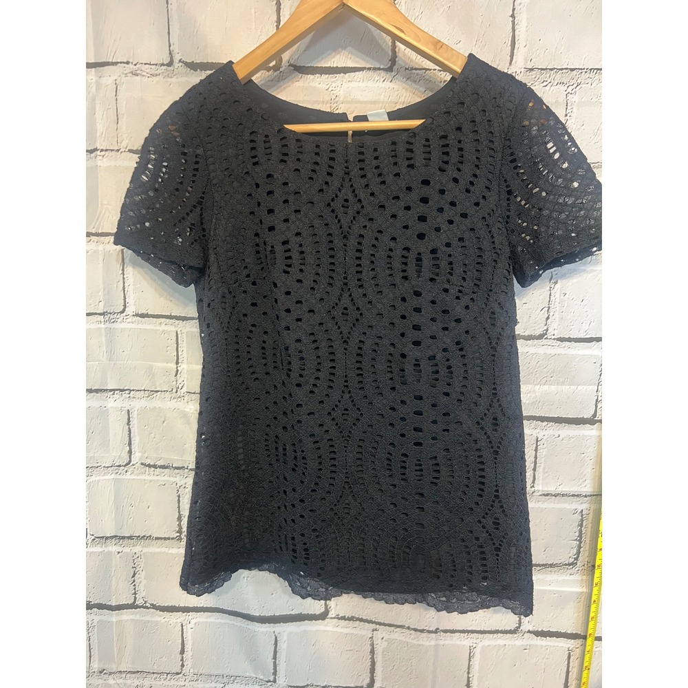 J.Crew Black Eyelet Lace Short Sleeve Top Geometric Circle Pattern Size 00